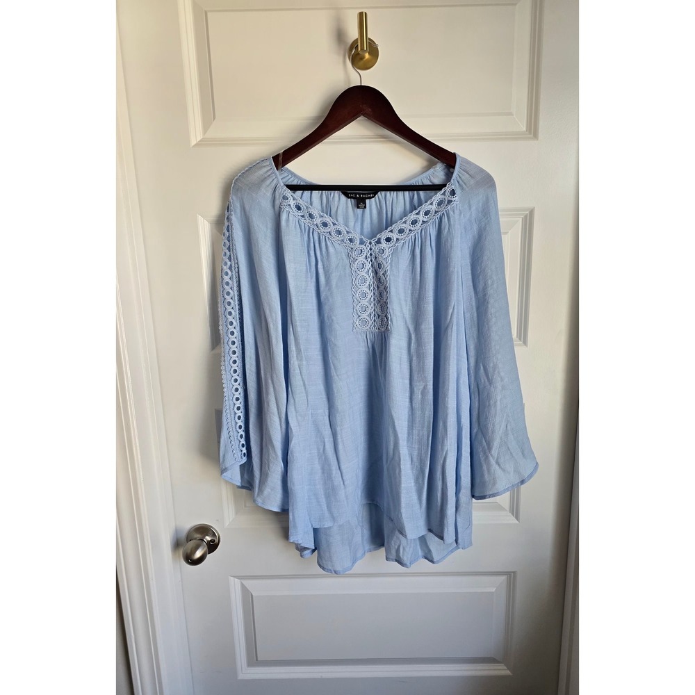 Zac & Rachel Blue Crochet Trim Peasant Blouse XL Long Sleeve Boho Top V-Neck